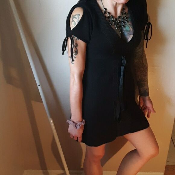  100% CASHMERE MIGUELINA BLACK LACE EMBROIDERED SWEATER MINI DRESS/TUNIC  XS - Picture 1 of 13